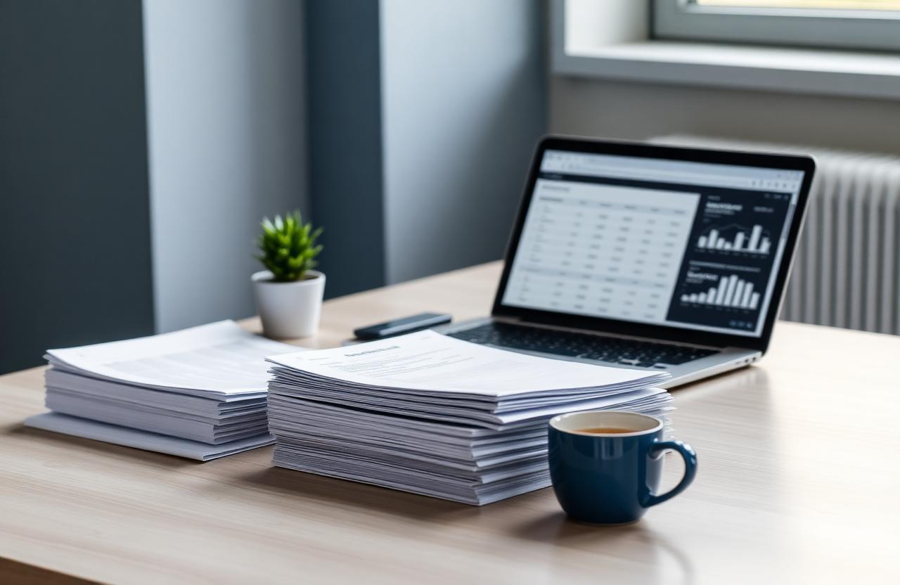 Organized desk with financial statements, a laptop, and a coffee cup